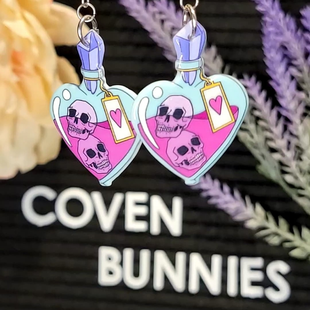 Love Potion Earrings | Skulls Gemstone Acrylic | Pastel Goth Bubblegum Pink Emo